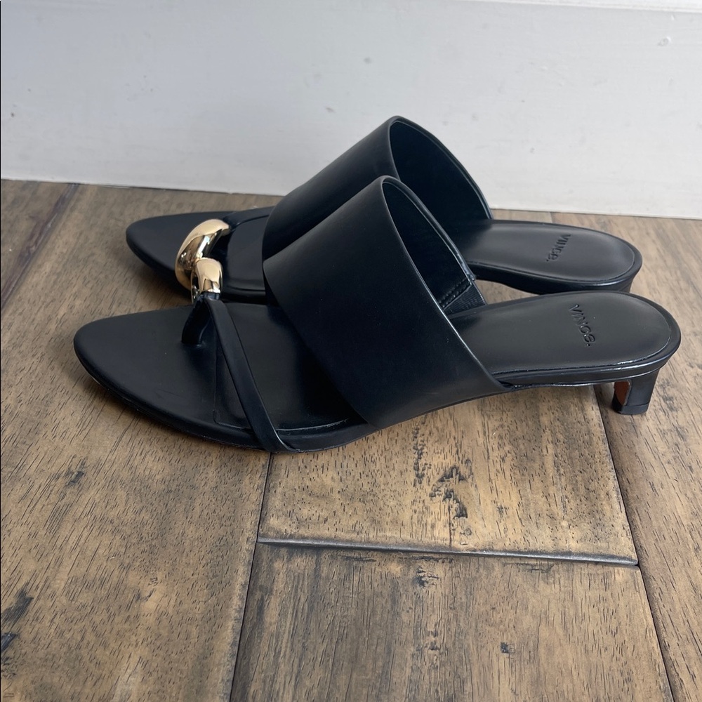 Vince Suzie Almond Toe Kitten Heel Sandals Mule Black Leather 38.5 - Picture 7 of 11